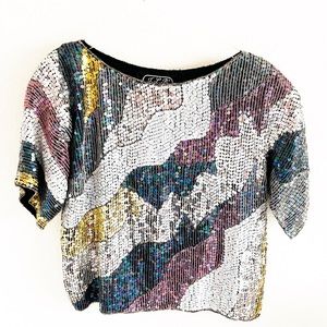 Vintage JLB Sequin Short Sleeves Paris Hong Kong New York Glam Top